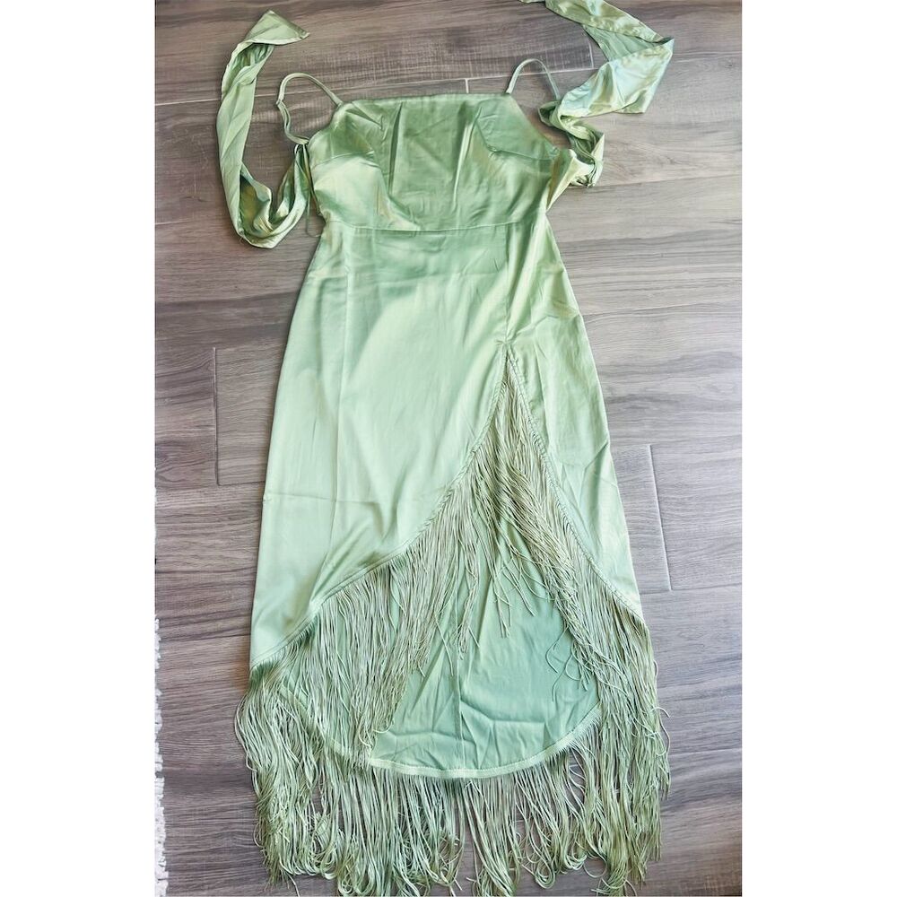 12th Tribe Boho Fringe Satin Maxi Dress Green Sleeveless Party S